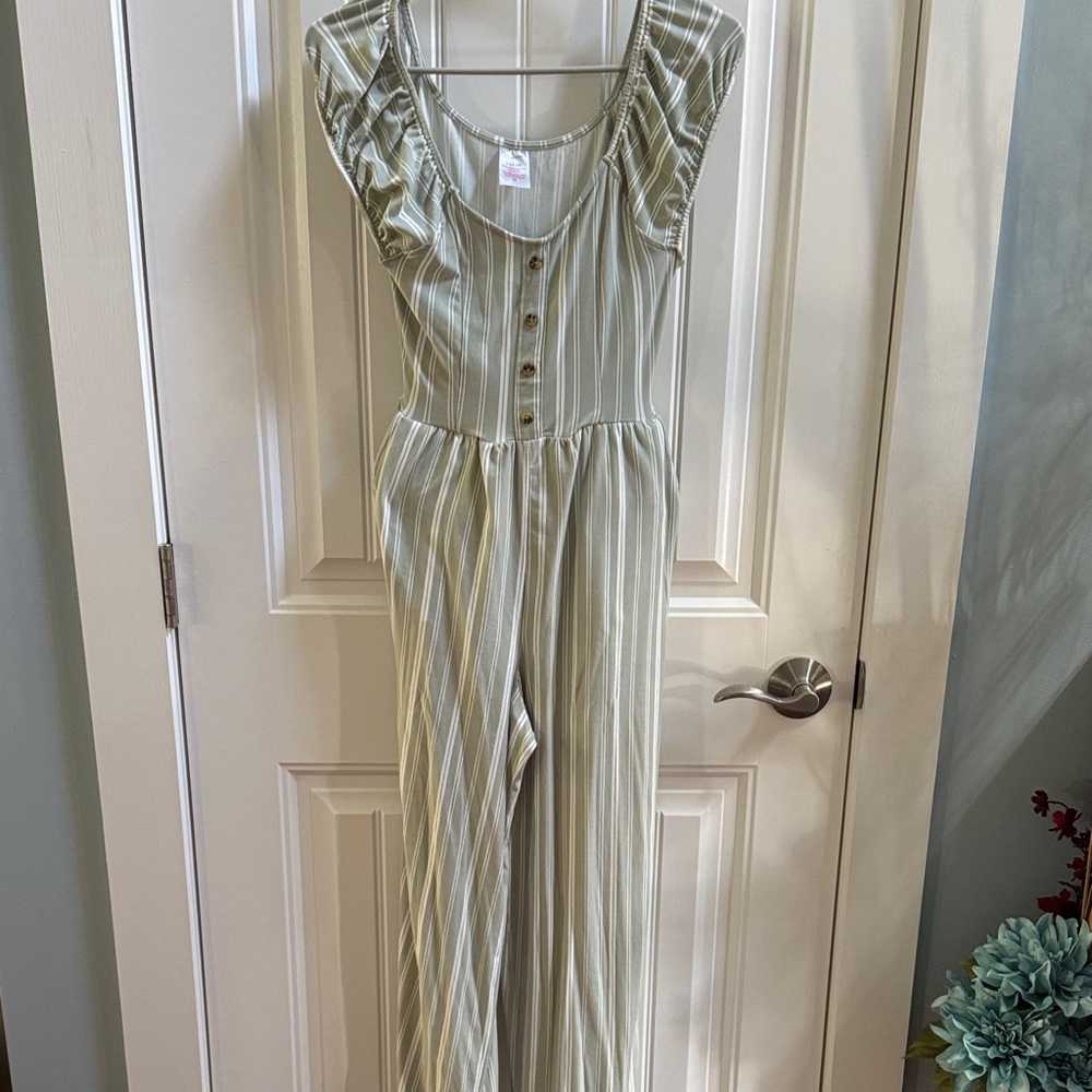 No Boundaries Sage Striped Jumpsuit